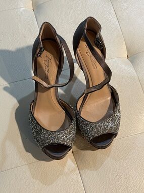 Nordstrom Brown Ankle-Strap Glitter Peep-Toe Platform Pumps